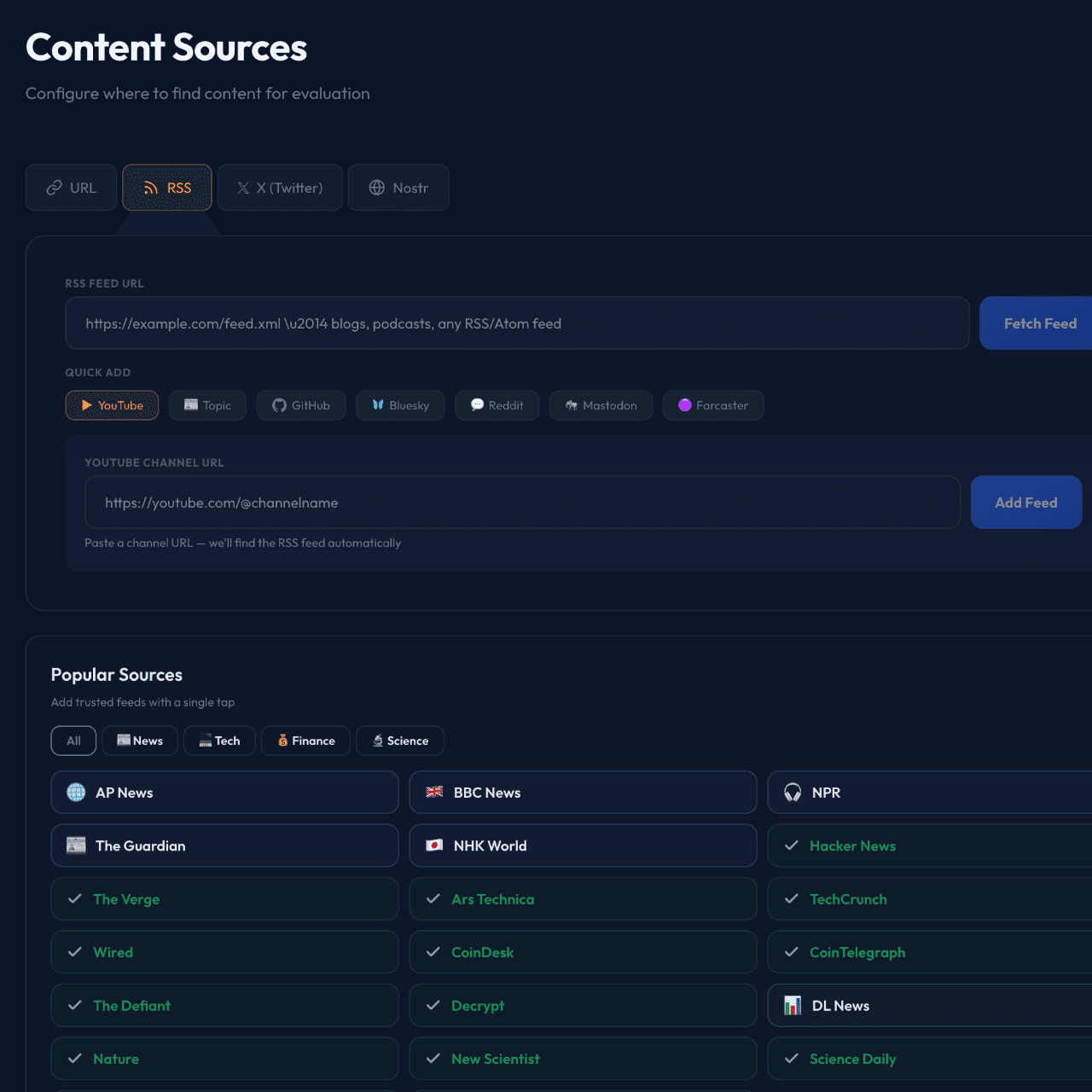 Sources tab with quick-add presets